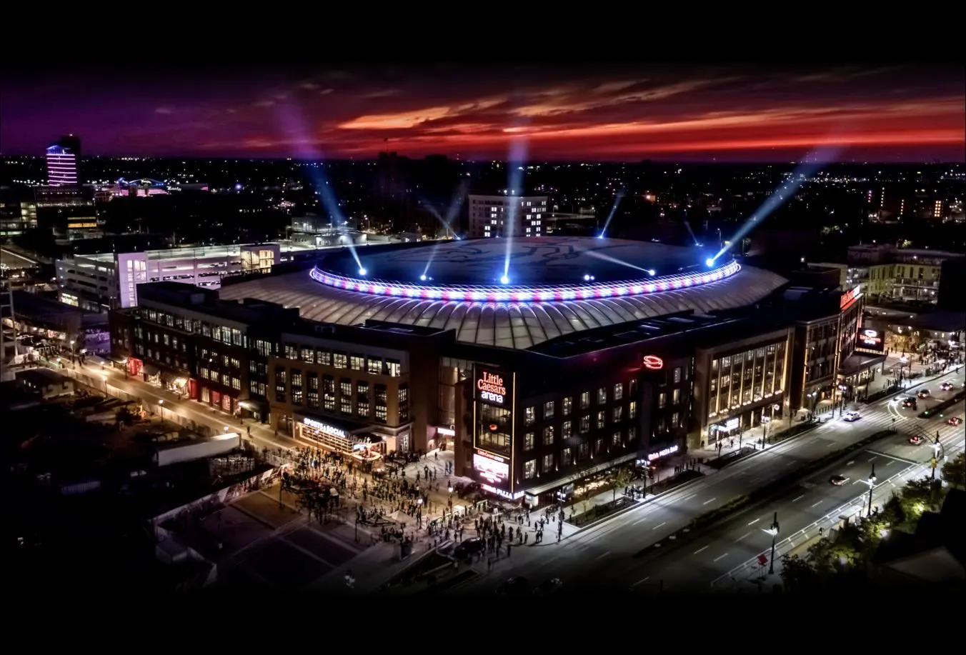 Little Caesars Arena exterior at night
